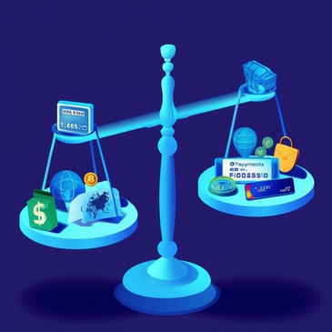 A digital scale with icons representing global payment giants on one side and smaller, mid-sized payment companies on the other, symbolizing balance in the payments ecosystem.