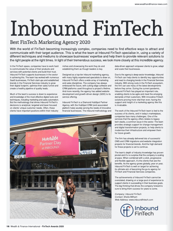 Best FinTech Marketing Agency - 2020 FinTech Awards | Inbound FinTech